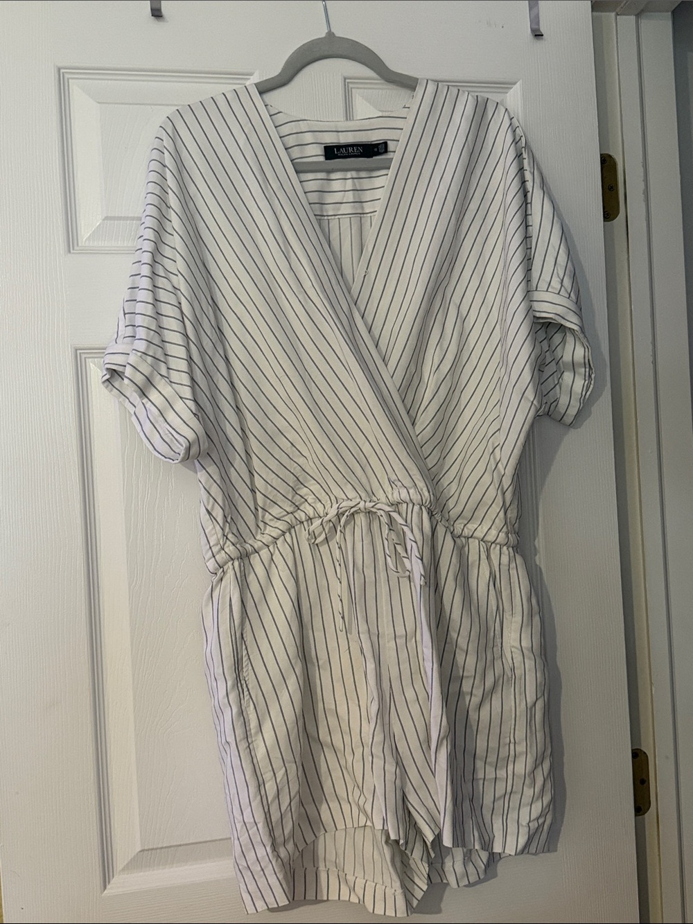 Lauren Ralph Lauren White with Navy Pinstripe Wrap Romper